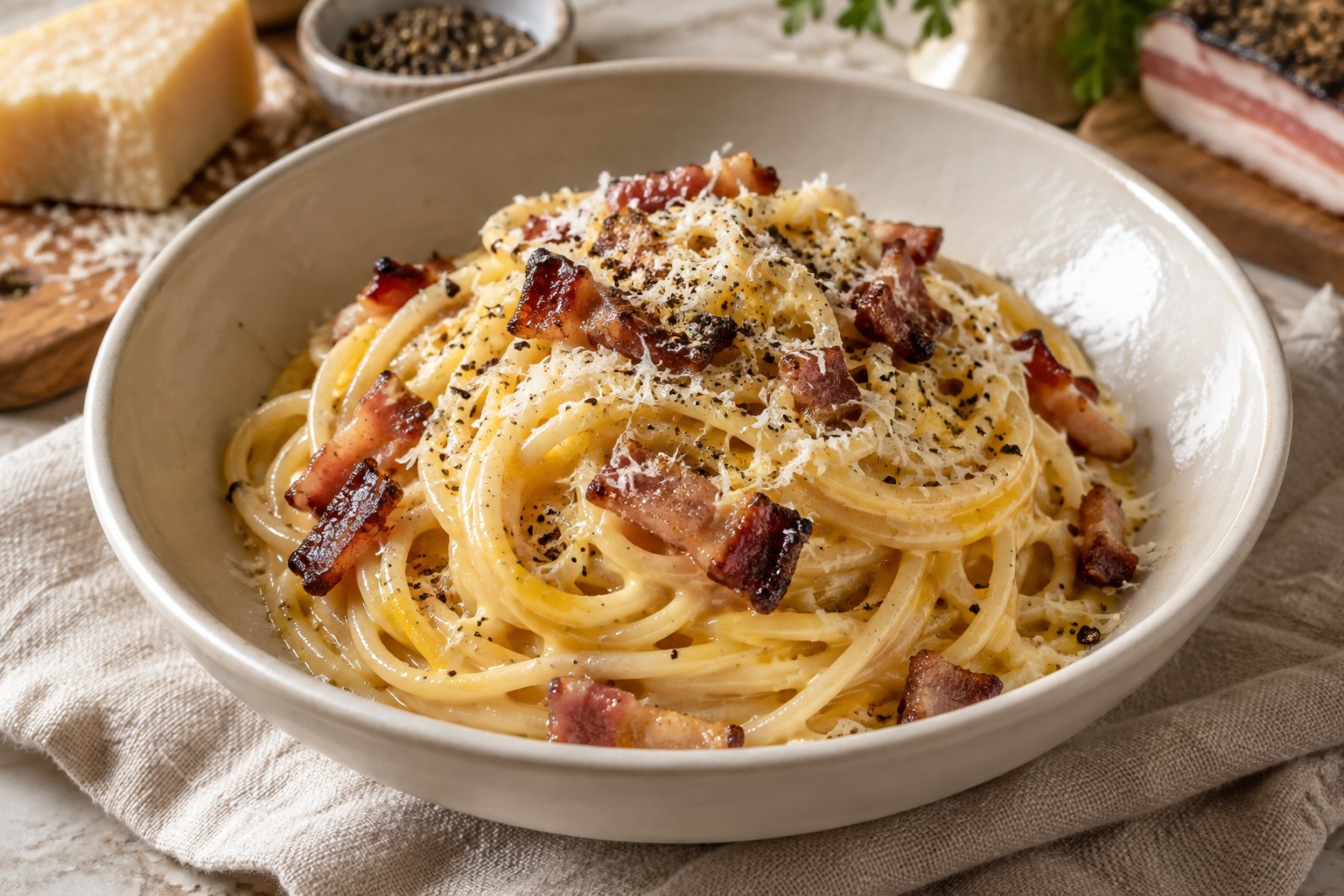 Romige pasta carbonara, klaar om van te genieten