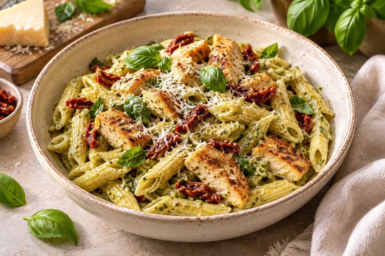 Een rijkgevulde kom romige pasta met kip, pesto en verse groenten